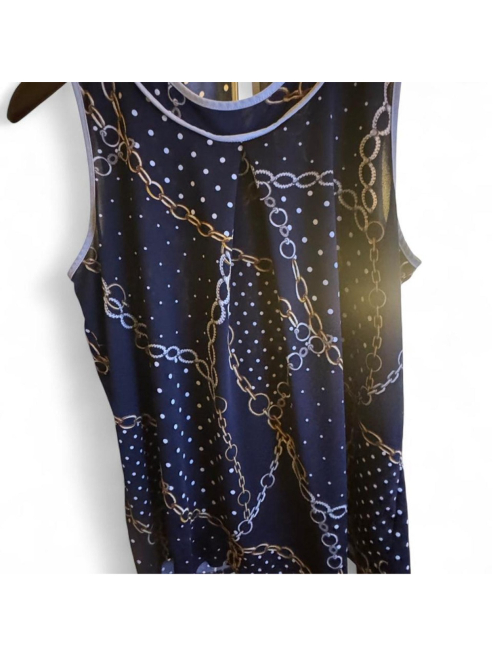 Faith and Joy by Monteau navy blue tank top with white polka dots and gold chain
